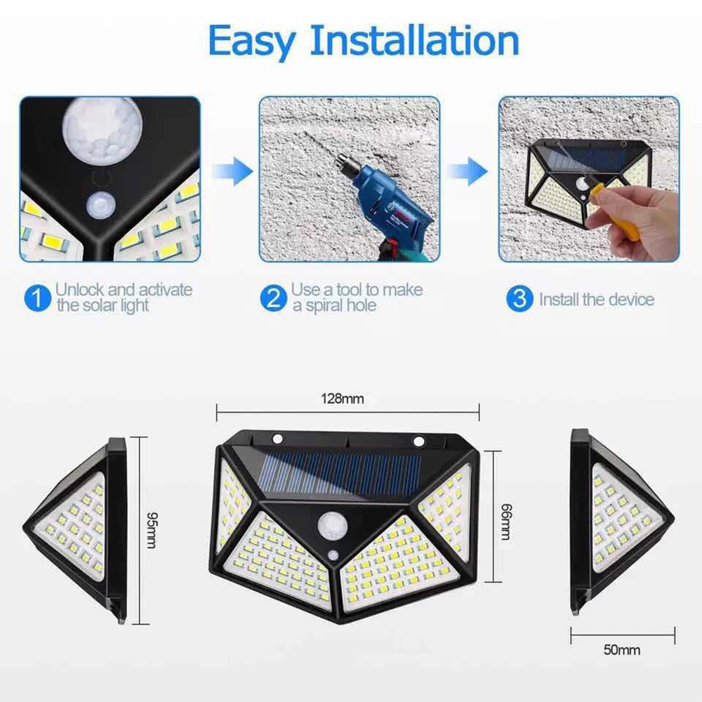 Waterproof Outdoor Backyard Garden Stair Solar Powered 4 Sides Lighting Wall Lamp 100LED Motion Sensor LED Solar Lights