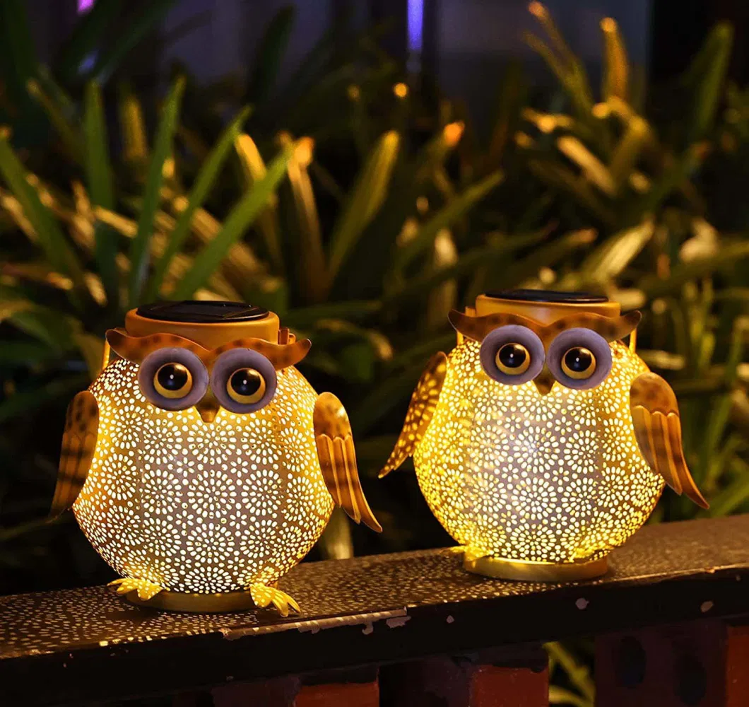 Outdoor Solar Powered Metal Hallow out Owl Lantern with LED Lights