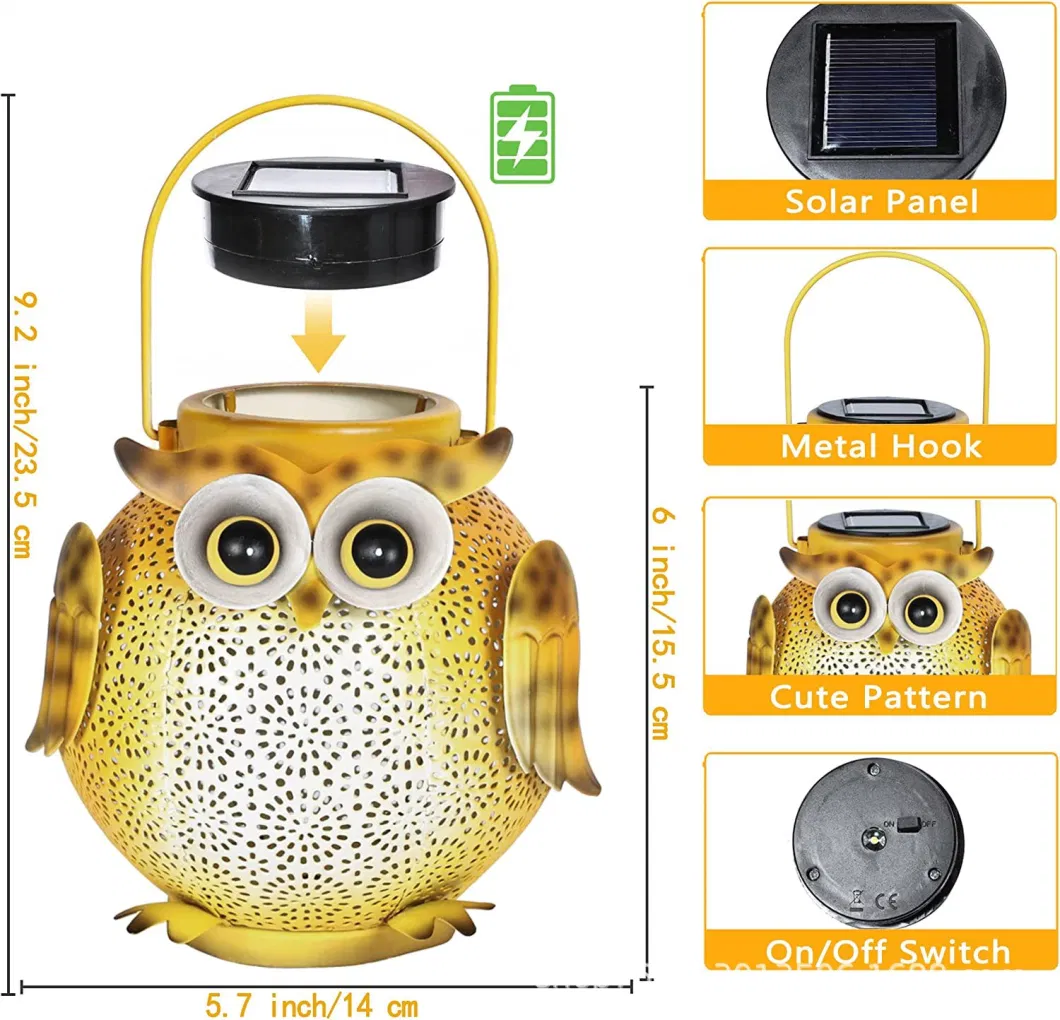 Outdoor Solar Powered Metal Hallow out Owl Lantern with LED Lights