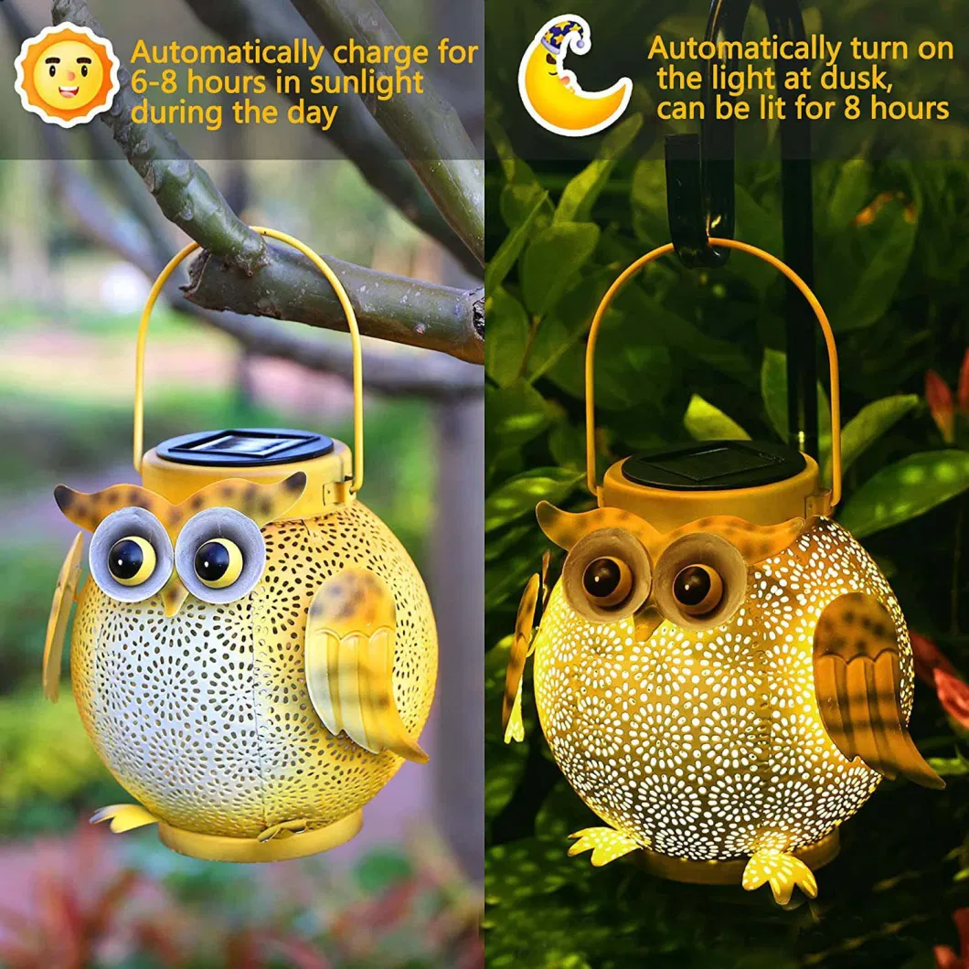 Outdoor Solar Powered Metal Hallow out Owl Lantern with LED Lights