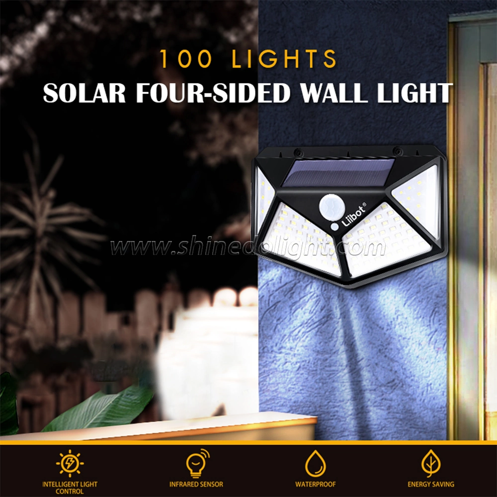 Waterproof 4 Sides Outdoor Solar Powered Lighting Wall Lamp 100LED Motion Sensor LED Solar Light for Backyard Garden Stair
