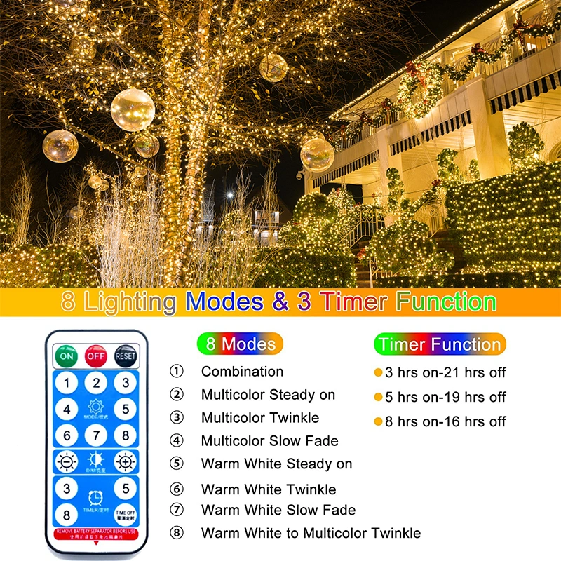 33FT IP65 Solar LED String Lights Waterproof Multicolor Rope Lights with 8 Modes