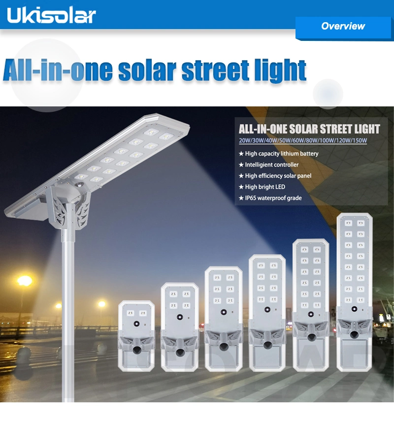 Ukisolar Garden Solar Lamp 30W 40W 60W 80W 100W 120W All in One LED Street Light with MPPT Controller, LiFePO4 Battery and Mono Panel