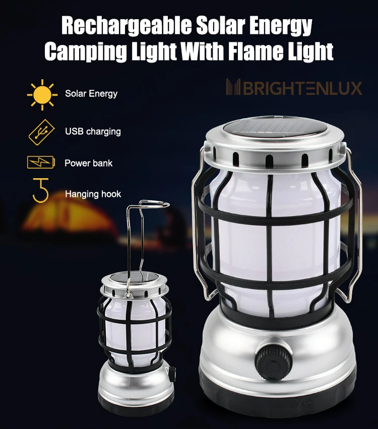 Bightenlux Portable Solar energy Rechargeable Switch Tent Light Li-ion Battery Outdoor Lamp Flame Lights LED Mini Camping Light Flame Lantern