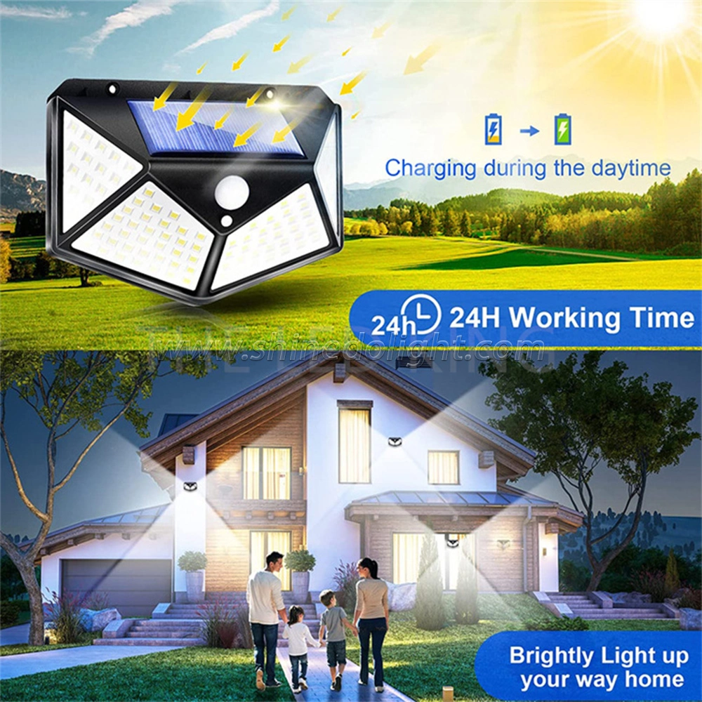 Waterproof 4 Sides Outdoor Solar Powered Lighting Wall Lamp 100LED Motion Sensor LED Solar Light for Backyard Garden Stair