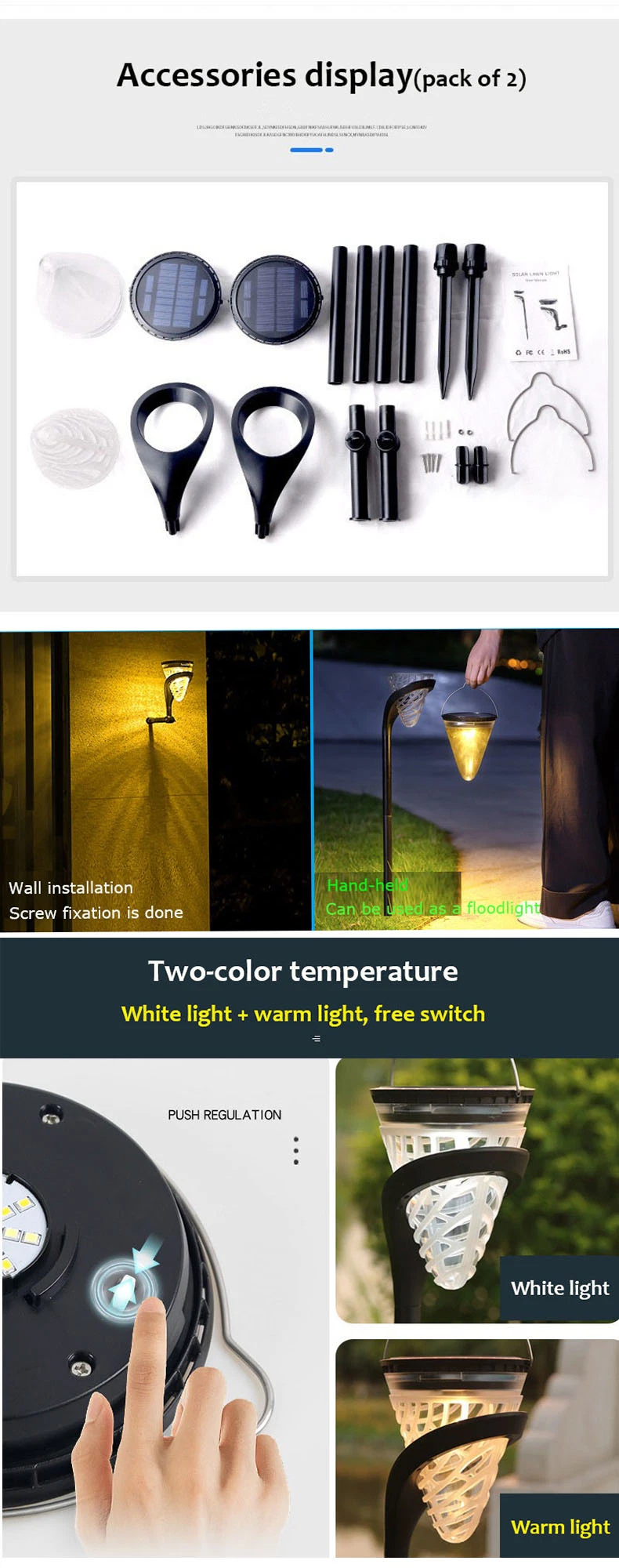Solar Path Lights 2 Pack, Solar Powered Garden Lights Outdoor, Bright Solar Camping Lantern Waterproof for Landscape, Lawn, Pathway, Walkway and Driveway