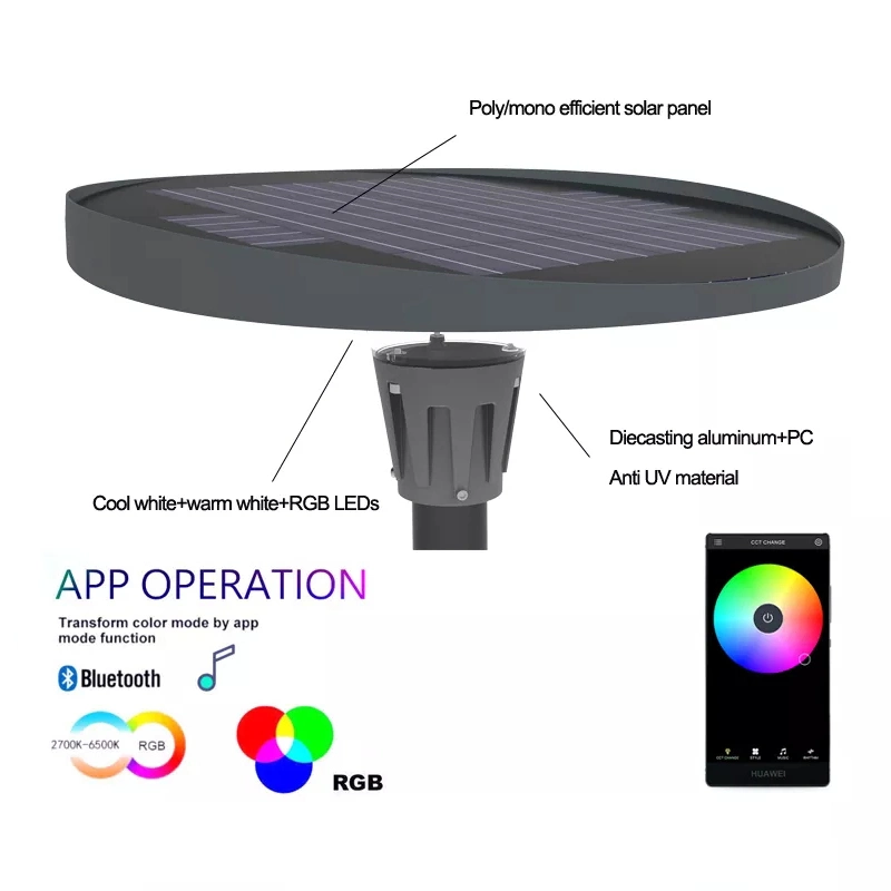 Exterior Pathway Bluetooth Music Reomte Control 1200W UFO Round LED Red Green Blue Coloured Solar Garden Lights