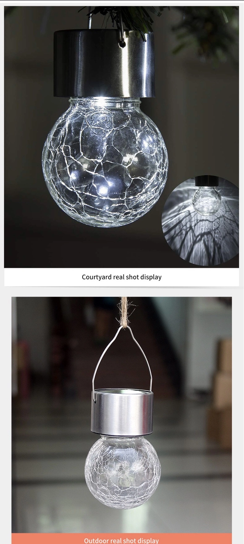 Holiday Decoration Color Solar Flood Light Crackled Glass Ball Shape LED Solar Hanging Lights for Decorative Outdoor Garden