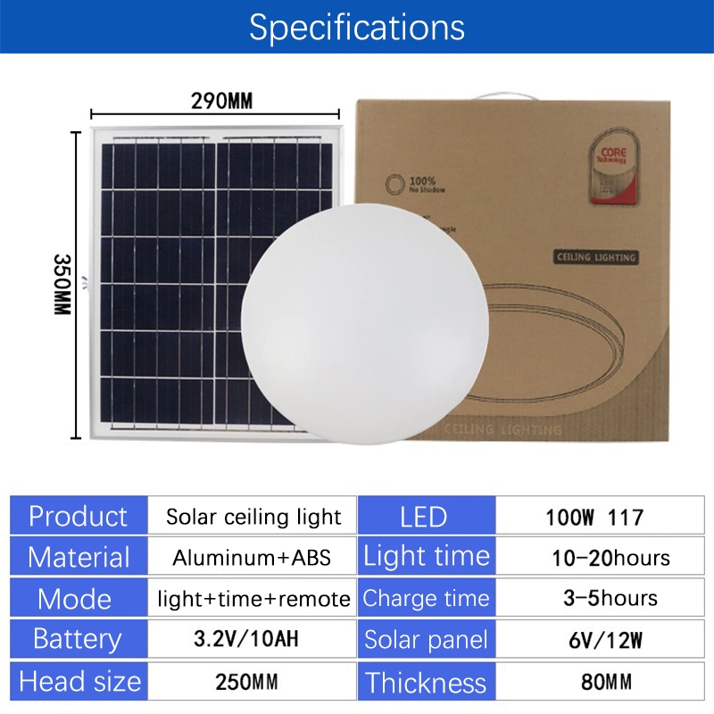 Waterproof LED Integrated 200W Emergency CE RoHS Listed Energy Saving Round Warm White Wall Solar Barn Ceiling Powered Light