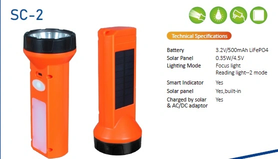 Solar Torch and Reading Light with Rechargeable 500mAh LiFePO4 Battery and Integrated Solar Panel