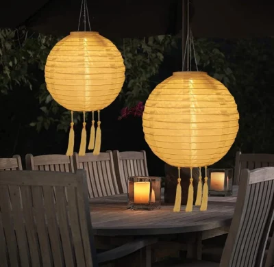 LED Impermeable IP44 el patrón de luz nocturna Jardín Colgante Decoración exterior patio solar linterna de papel de nylon con borla