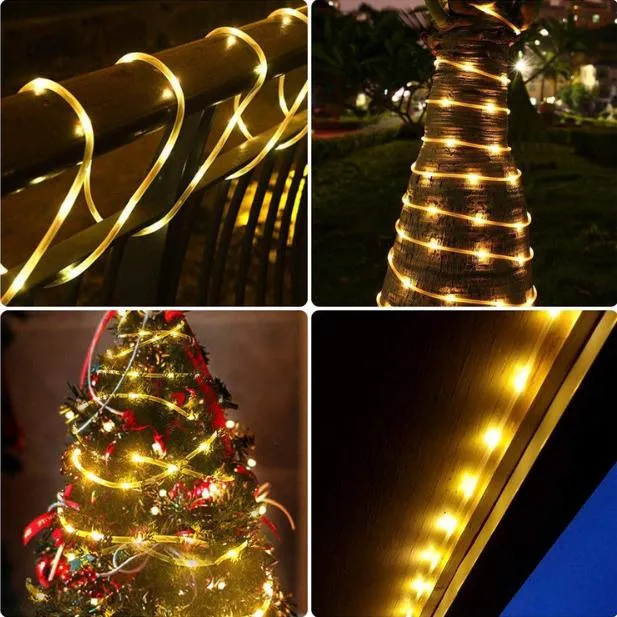 Outdoor Waterproof Solar Powered Rope Tube String Lights with 8 Modes Fairy Lights for Christmas Yard Decoration