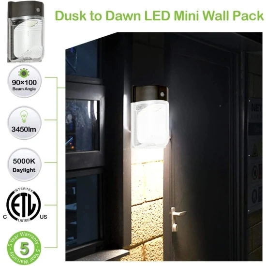 LED Wall Pack Light 25W 3000lm with Photocell AC85-265V 5000K Daylight Dusk to Dawn 150-250W Mh/HPS Replacement, Outdoor/Entrance Security Light 5 Year Warrant