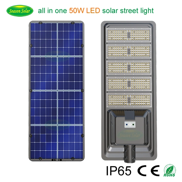 IP65 All in One Style Lighting 6m Outdoor Solar Street Lighting with 50W LED Light &amp; LiFePO4 Battery System