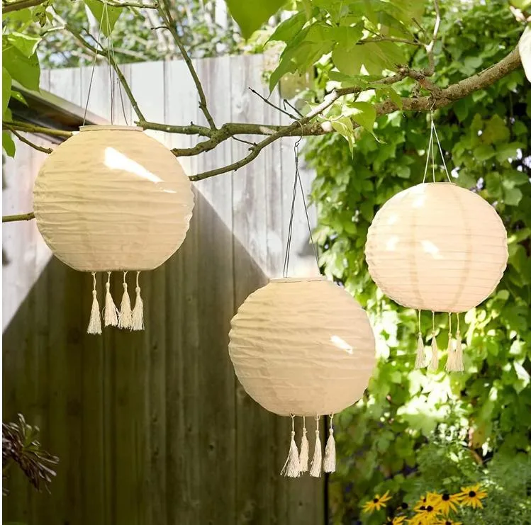 IP44 Waterproof LED Night Light Pattern Outdoor Hanging Garden Courtyard Decoration Solar Nylon Paper Lantern with Tassel