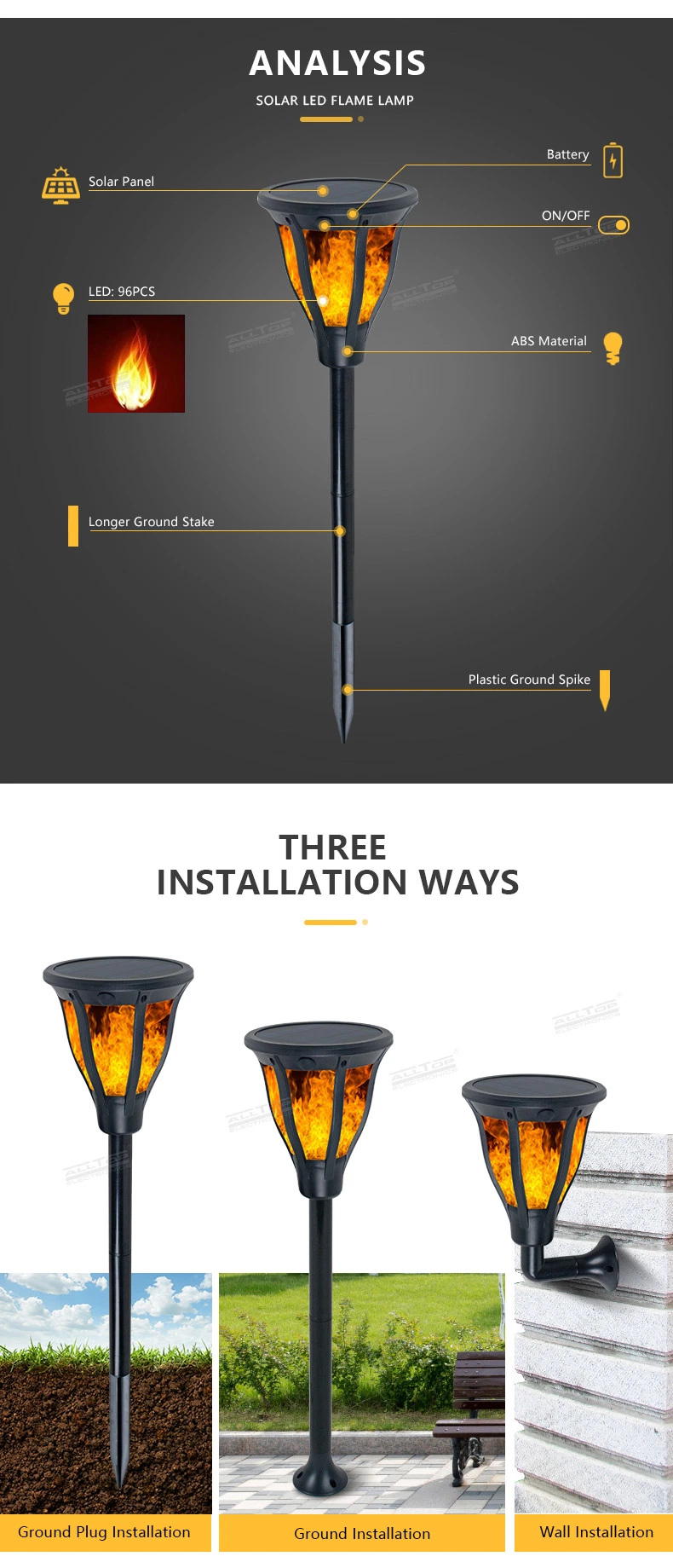 Alltop China Wholesale ABS IP65 Waterproof 2watt Path Yard Outdoor Flickering Solar Garden Flame Lighting