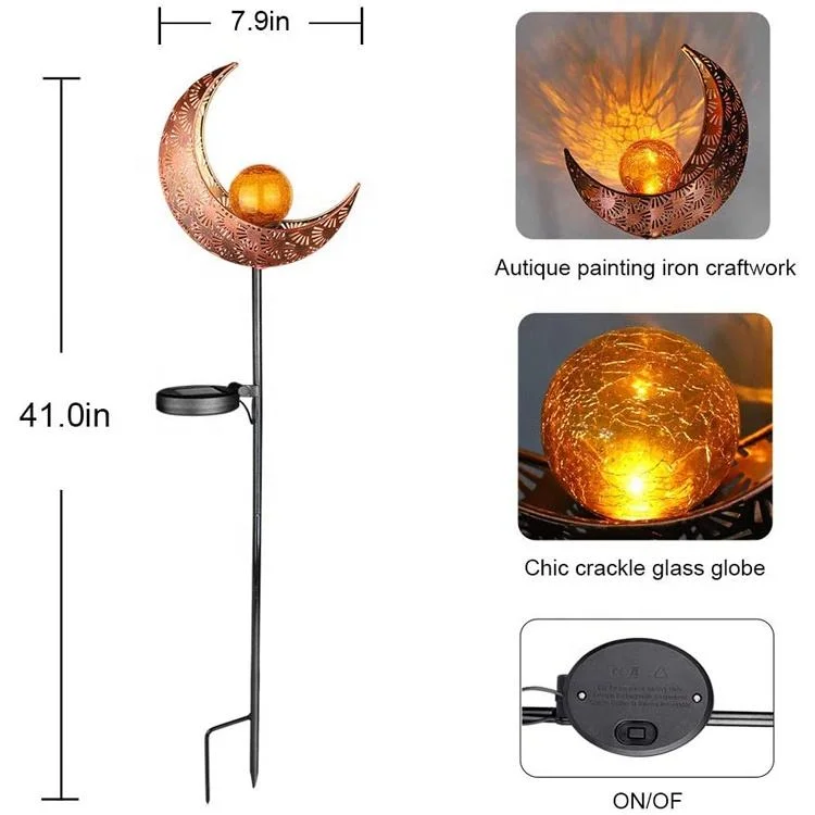 Moon Crackle Glass Globe Stake Metal Garden Solar LED Metal Lights for Lawn Patio