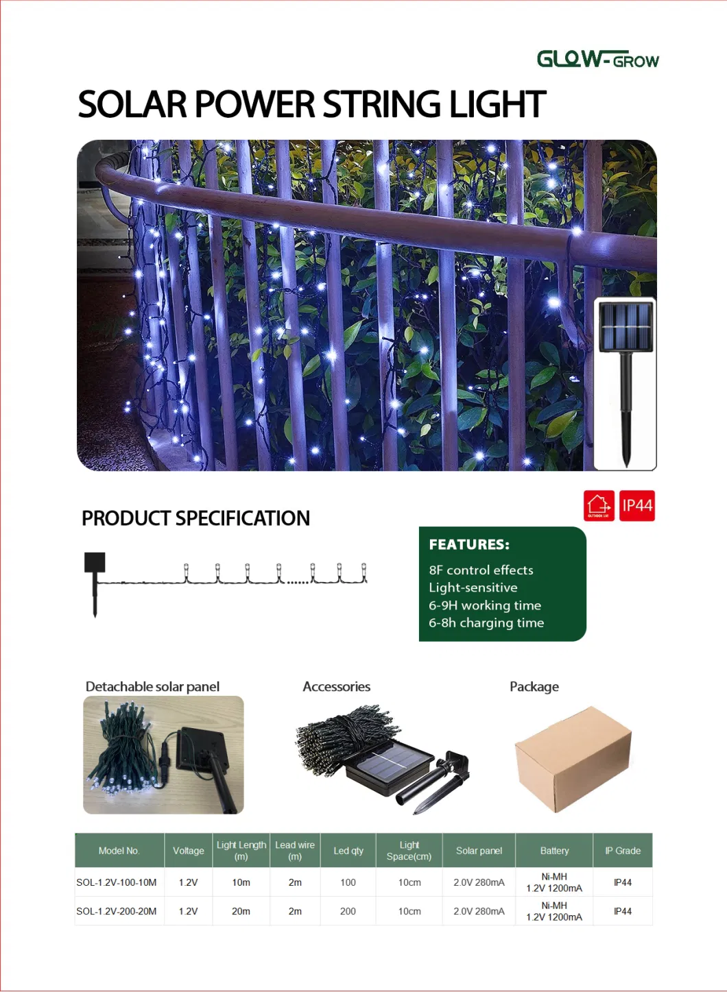 Solar String Lights 100 LED IP44 Waterproof Christmas Solar Fairy Lights for Garden Patio Fence Holiday Party Balcony Home Tree Street Decoration
