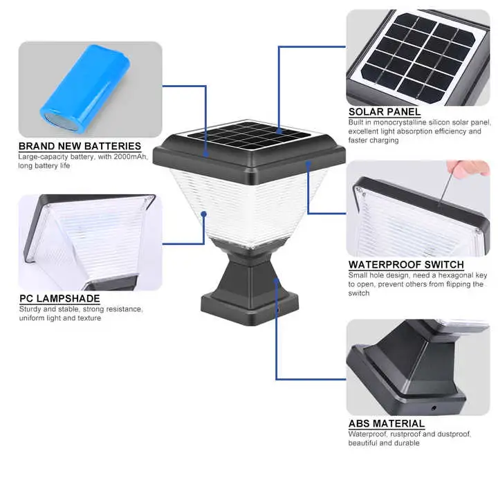 Solar LED Waterproof IP65 Square Aluminum High Quality Outdoor Courtyard Post Pillar Garden Light