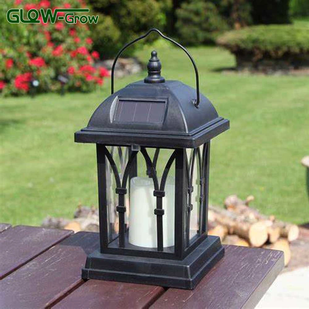 Outdoor Solar Candle Lantern Flickering Flameless LED Candle/Plastic Hanging Lantern Light for Patio Pathway Deck Christmas Halloween Ramadan Deocoration