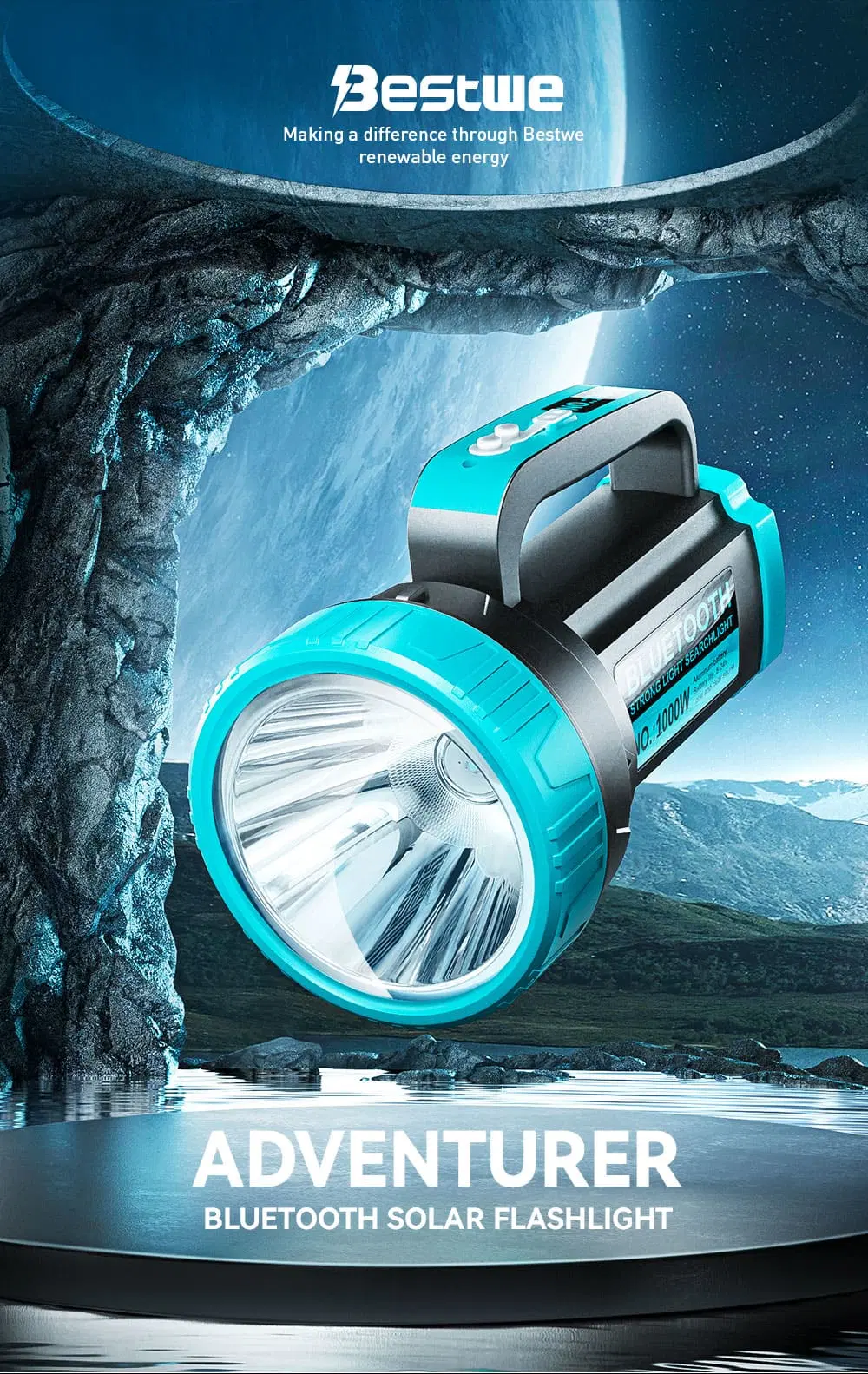 Solar Brilliance Unleashed 500m Lighting Range Paired with Crystal-Clear Bluetooth Sound Solar Flashlight