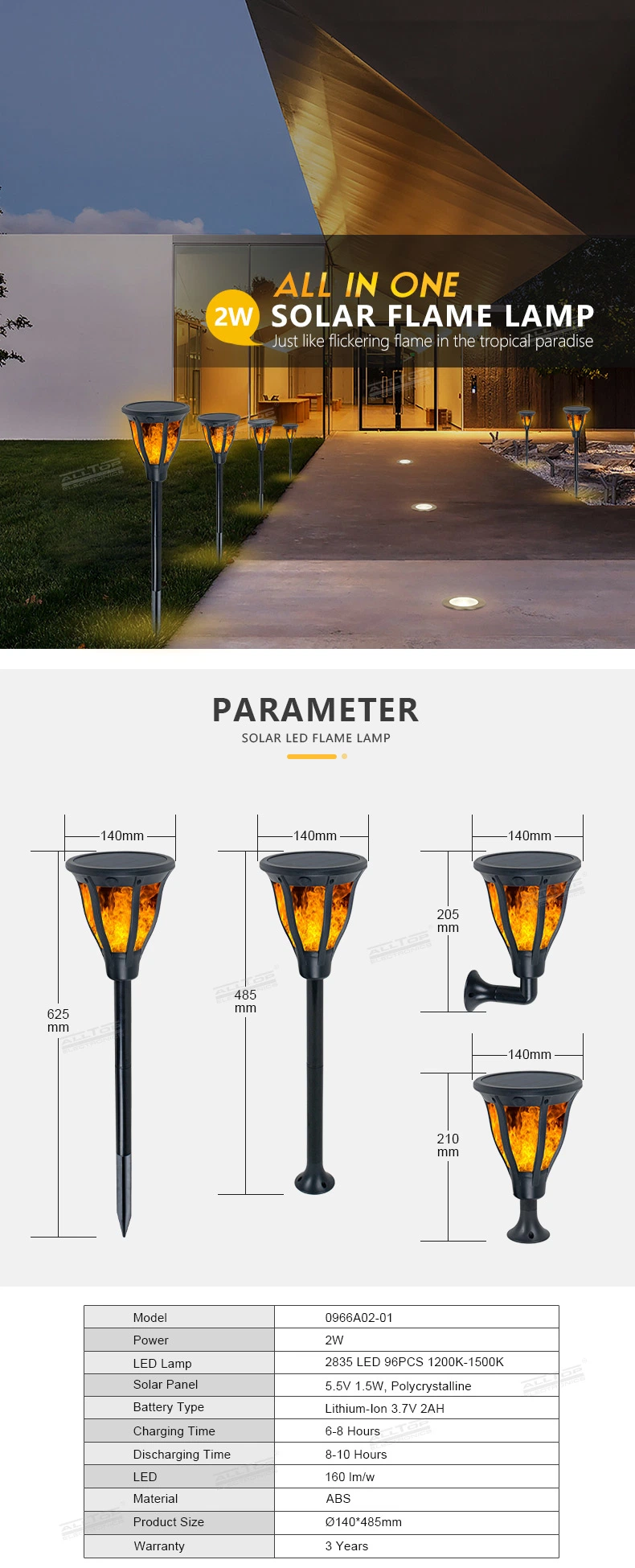 Alltop LED Flame Solar Powered Portable Lamp Outdoor Garden Lighting Pole Posts Pillar Lawn Light