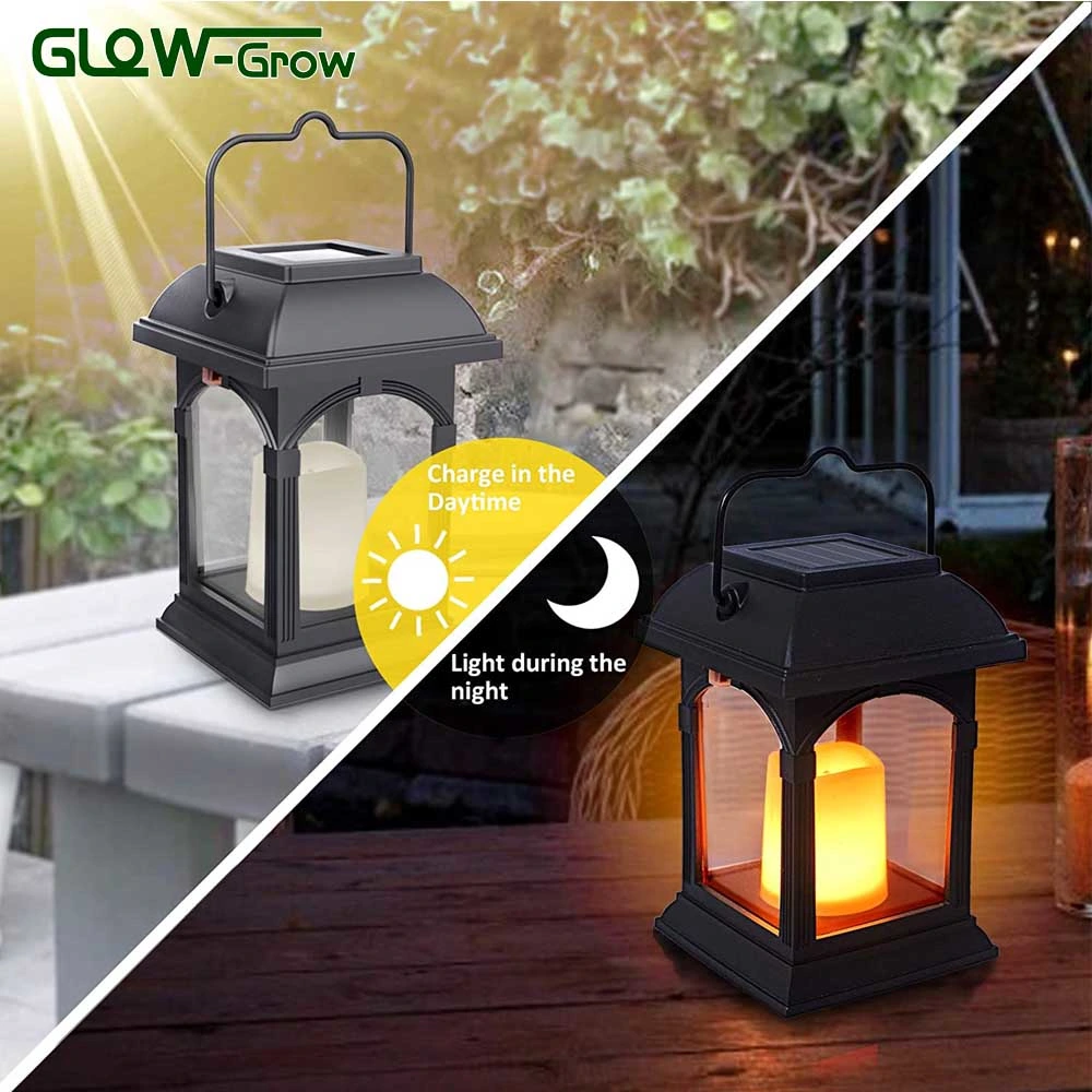 Outdoor Solar Candle Lantern Flickering Flameless LED Candle/Plastic Hanging Lantern Light for Patio Pathway Deck Christmas Halloween Ramadan Deocoration