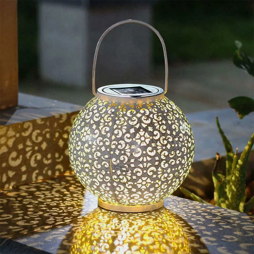 Hot Selling LED Lantern Outdoor Solar Power Hanging Lamp Garden Lawn Landscape Light, Hollow Solar LED Iron Art Lantern