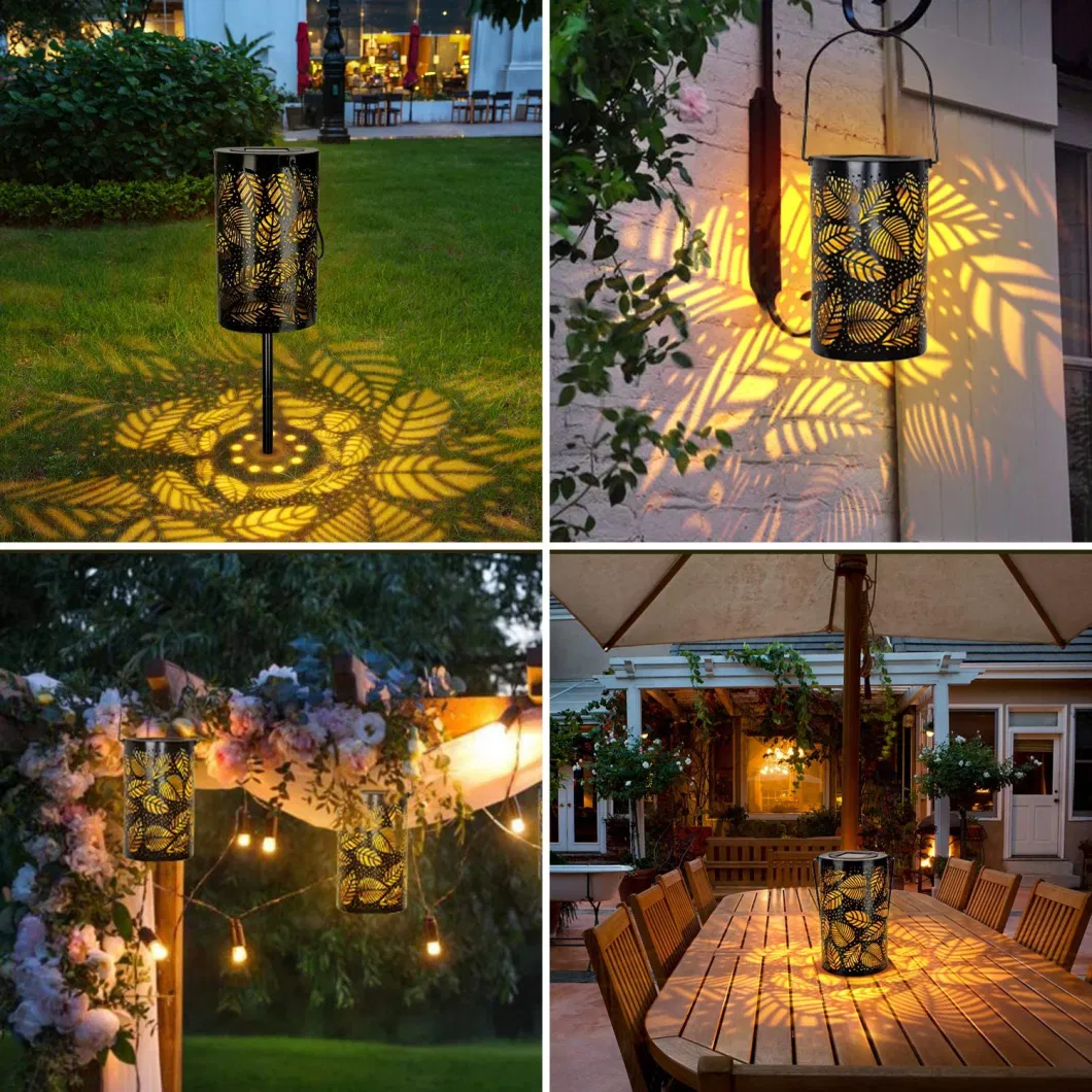 Decorative Solar Powered Lantern Outdoor Waterproof LED Hanging Lamp Metal Hollow Warm Light