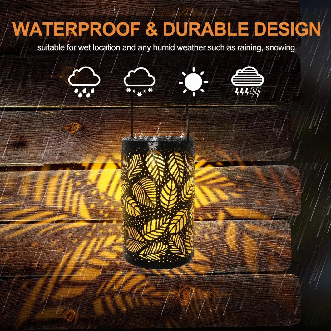 Decorative Solar Powered Lantern Outdoor Waterproof LED Hanging Lamp Metal Hollow Warm Light