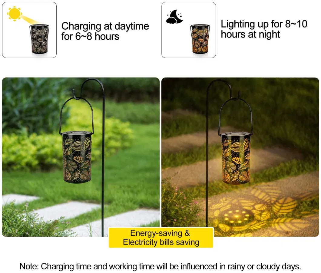 Decorative Solar Powered Lantern Outdoor Waterproof LED Hanging Lamp Metal Hollow Warm Light