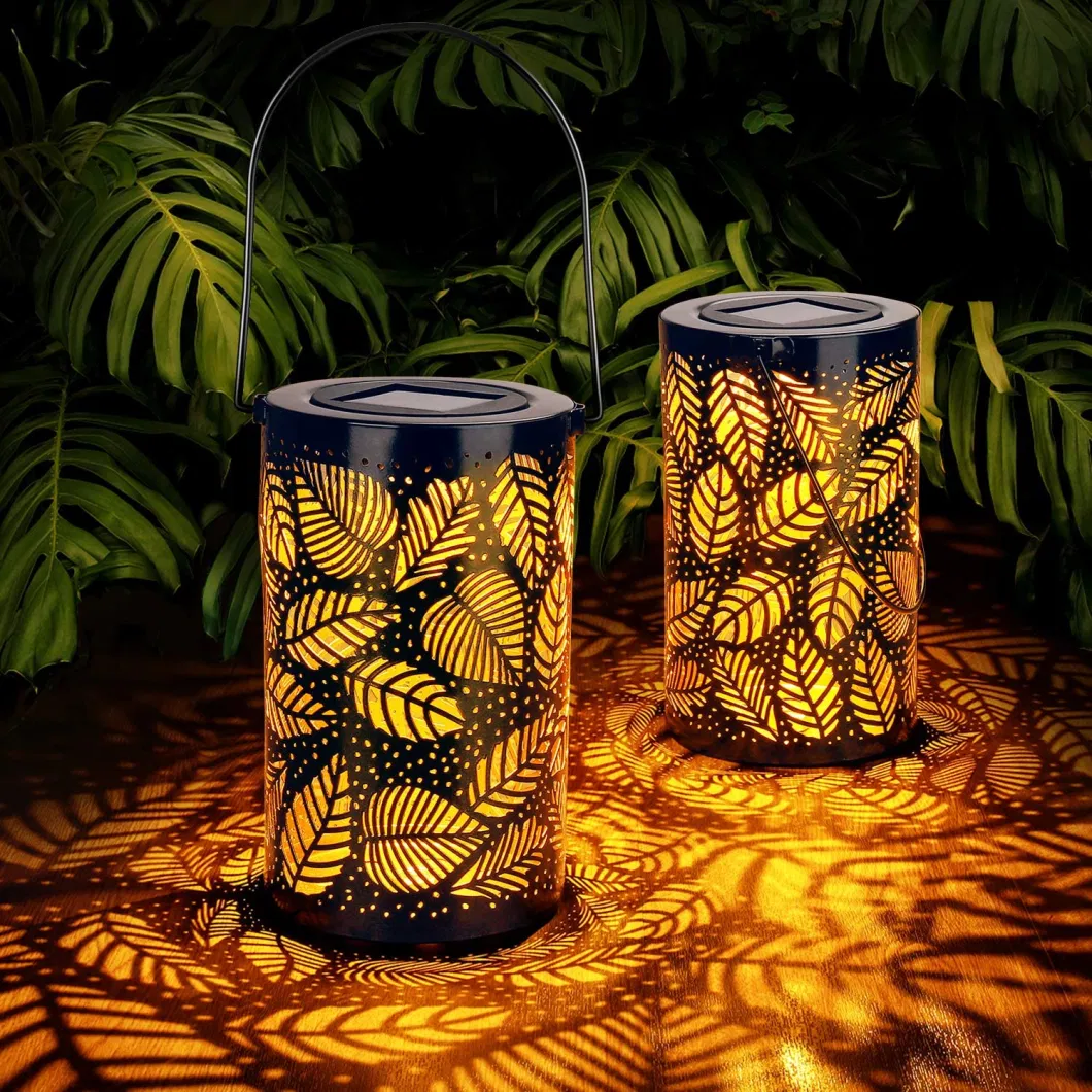 Decorative Solar Powered Lantern Outdoor Waterproof LED Hanging Lamp Metal Hollow Warm Light