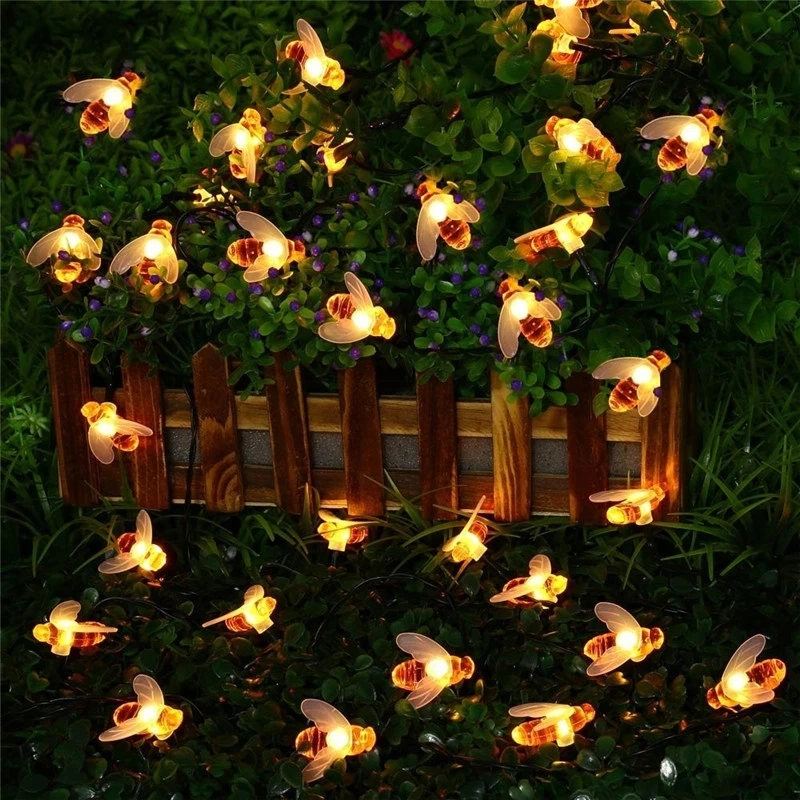 New Solar Powered Cute Honey Bee LED String Fairy Light 20 LEDs 50 LEDs Bee Outdoor Garden Fence Patio Christmas Garland Lights