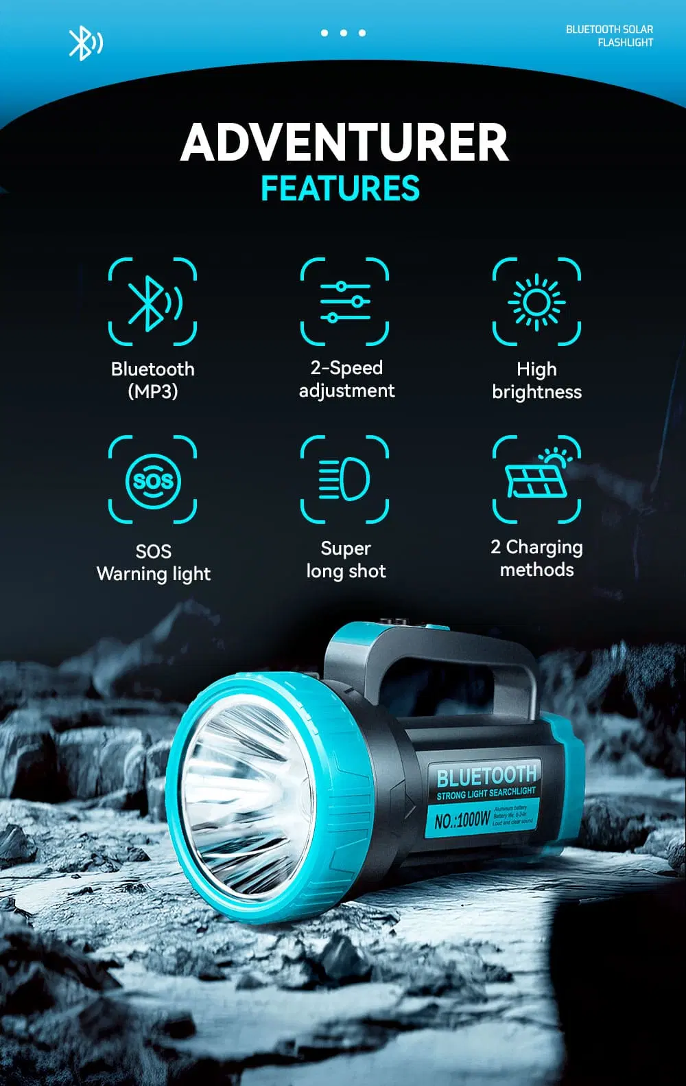 Solar Brilliance Unleashed 500m Lighting Range Paired with Crystal-Clear Bluetooth Sound Solar Flashlight