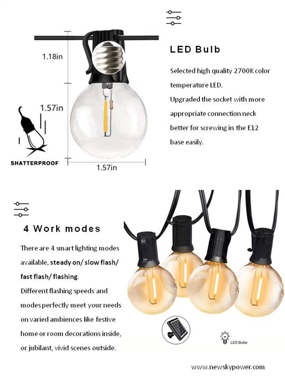 G40 27FT/25LED IP65 Waterproof Dusk to Dawn Outdoor Lamp Solar String Light for Holiday Garden Home Christmas Wedding