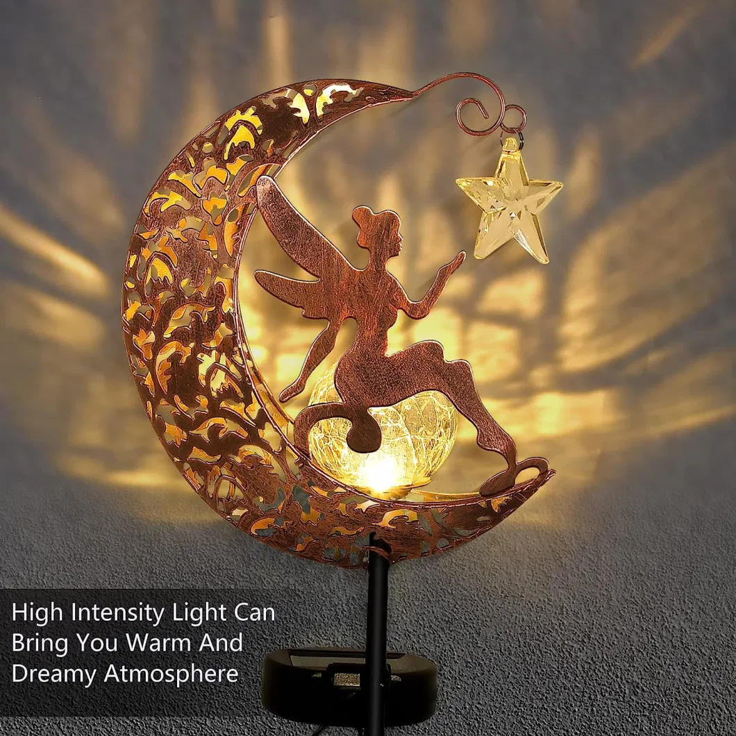 Solar Lights Outdoor Garden Decorations Sun Moon Star Stake Light Glass Ball Moon Angel Fairy LED Solar Memorial Metal Light