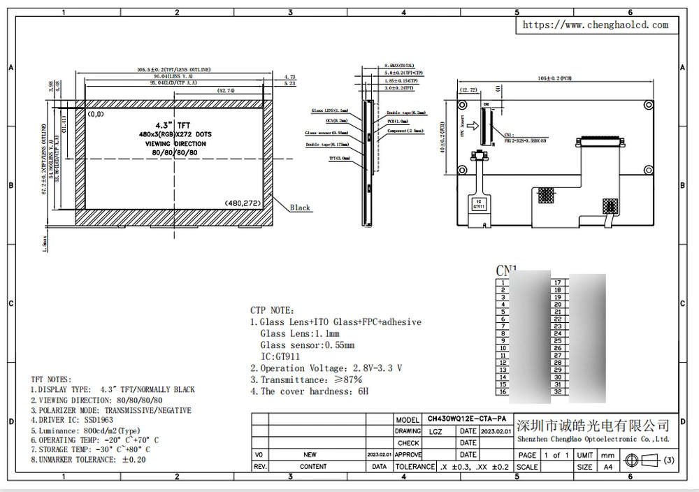 Factory 480X272 Pixels 4.3 Inch TFT Display Visible in Sunlight TFT Color LCD with 24 Bit RGB Interface