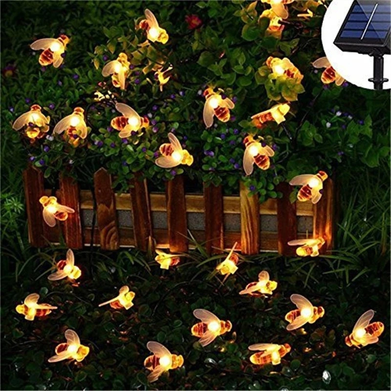 New Solar Powered Cute Honey Bee LED String Fairy Light 20 LEDs 50 LEDs Bee Outdoor Garden Fence Patio Christmas Garland Lights