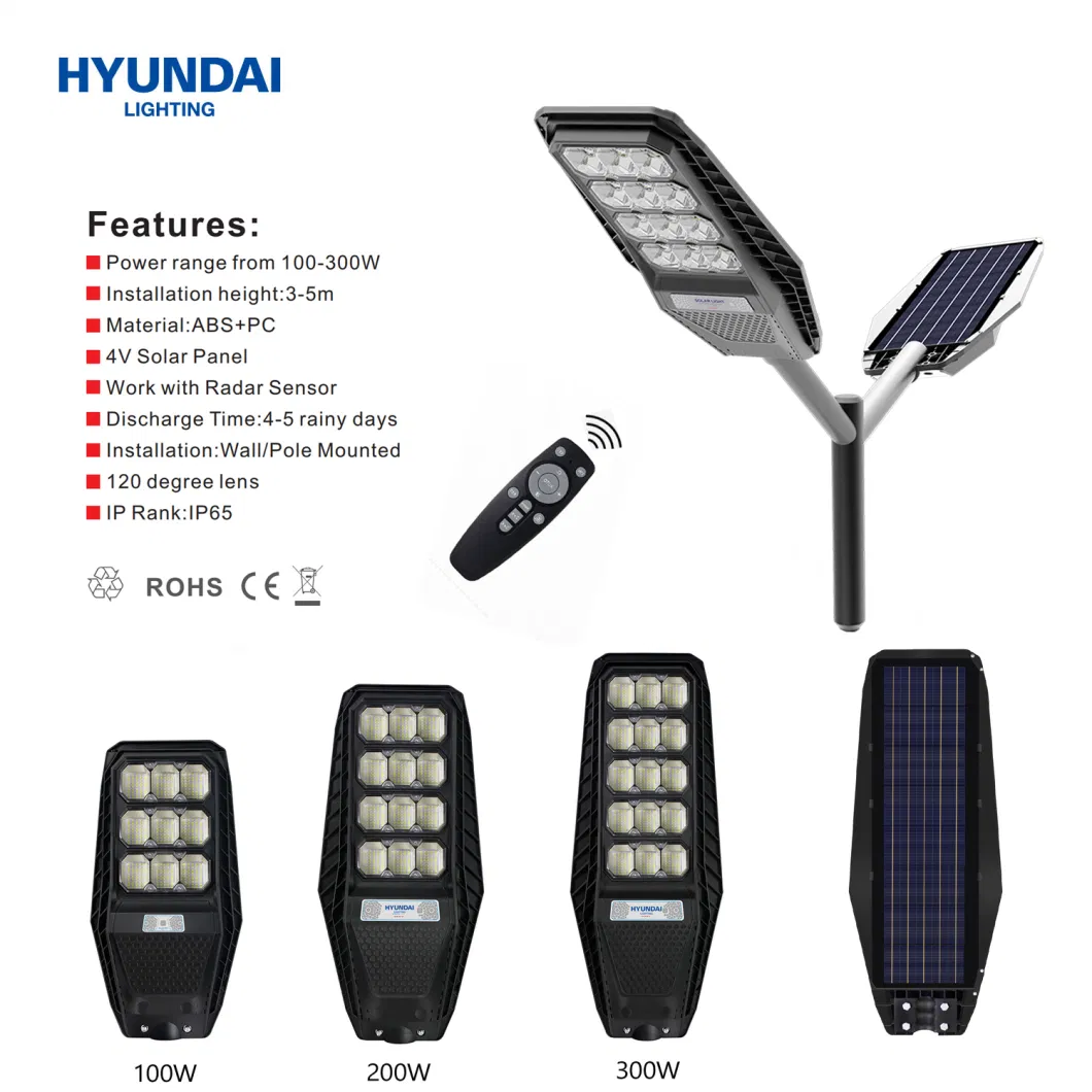 Hyundai Wholesale High Power 100/200/300W Outdoor Solar LED All-in-One Garden Street Light