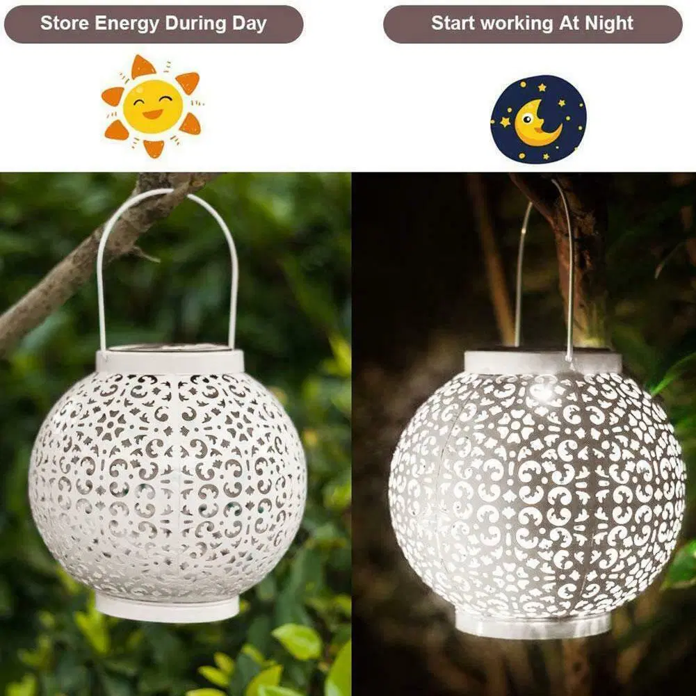 Hot Selling LED Lantern Outdoor Solar Power Hanging Lamp Garden Lawn Landscape Light, Hollow Solar LED Iron Art Lantern