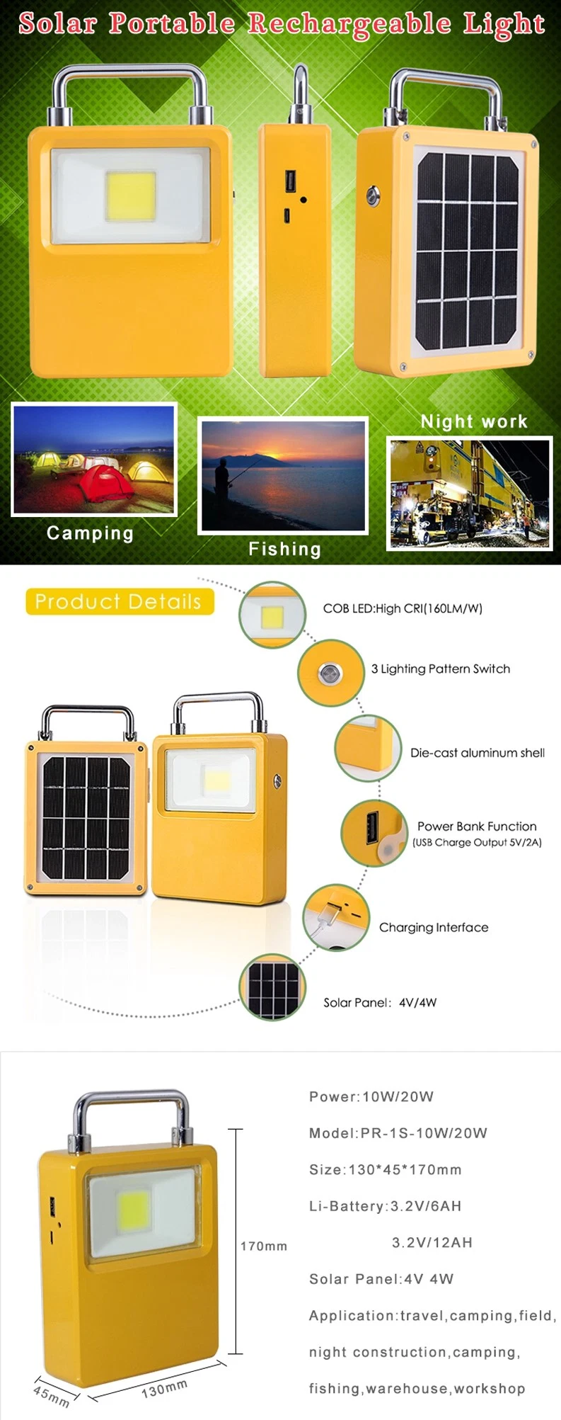 20W Waterproof Portable Outdoor Battery Solar Rechargeable LED Hiking Camping Emergency Light