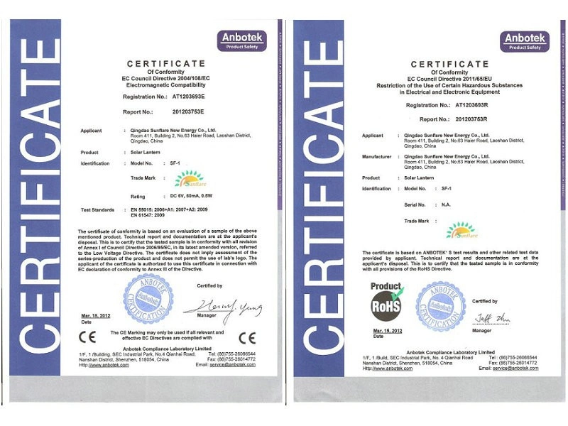 Solar Indoor and Outdoor Lights with Certificates of Verasol, CE&RoHS