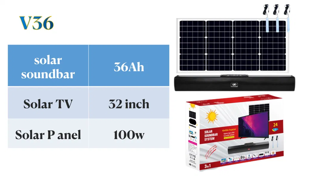 Solar Soundbar Home TV Lighting System 100W Solar Panel 20/36ah Battery Support Bluetooth FM Audio Portable HiFi Sound Theater Solar TV System