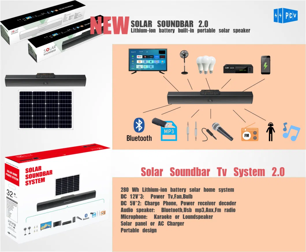 Solar Soundbar Home TV Lighting System 100W Solar Panel 20/36ah Battery Support Bluetooth FM Audio Portable HiFi Sound Theater Solar TV System