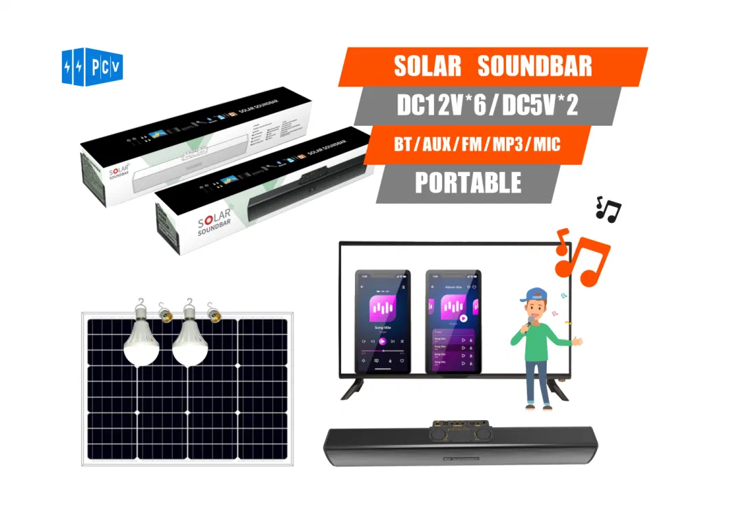 Solar Soundbar Home TV Lighting System 100W Solar Panel 20/36ah Battery Support Bluetooth FM Audio Portable HiFi Sound Theater Solar TV System
