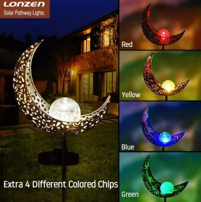 Luna Crackle vetro Globe palo metallo Giardino Solar LED metallo Luci per il patio del prato