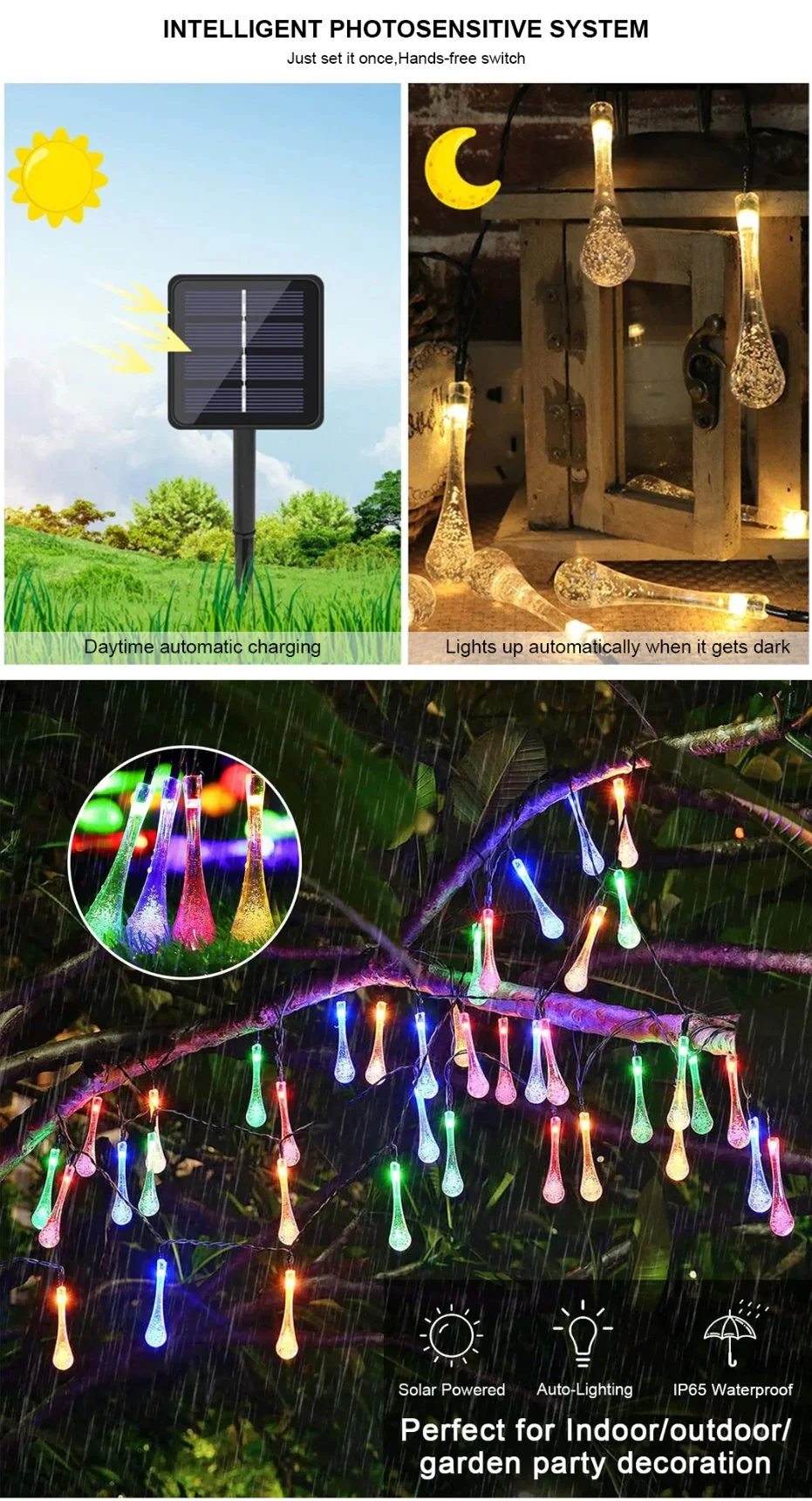 Christmas Festival Decorative Outdoor LED Solar Powered Water Drop String Lights LED Christmas Light for Garden Decoration