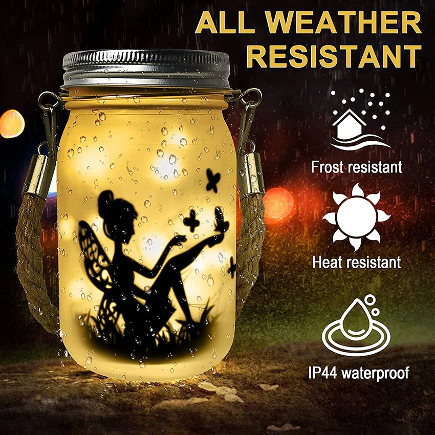 Solar Frosted Glass Hanging Mason Jar Lights Solar Fairy Lanterns with 20LEDs and DIY Paper Cards Warm White Light IP44 Waterproof Wyz21021