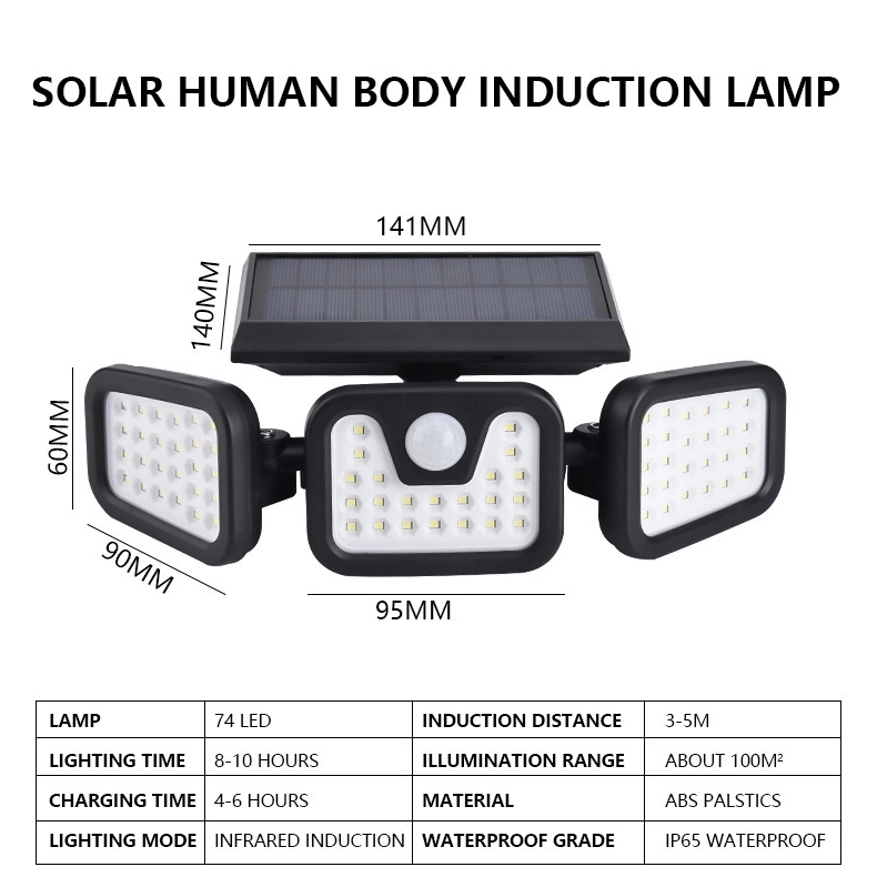 74 LED High Power 300 Lumen Waterproof Outdoor Motion Sensor LED Wall Lamps Solar Garden Lights