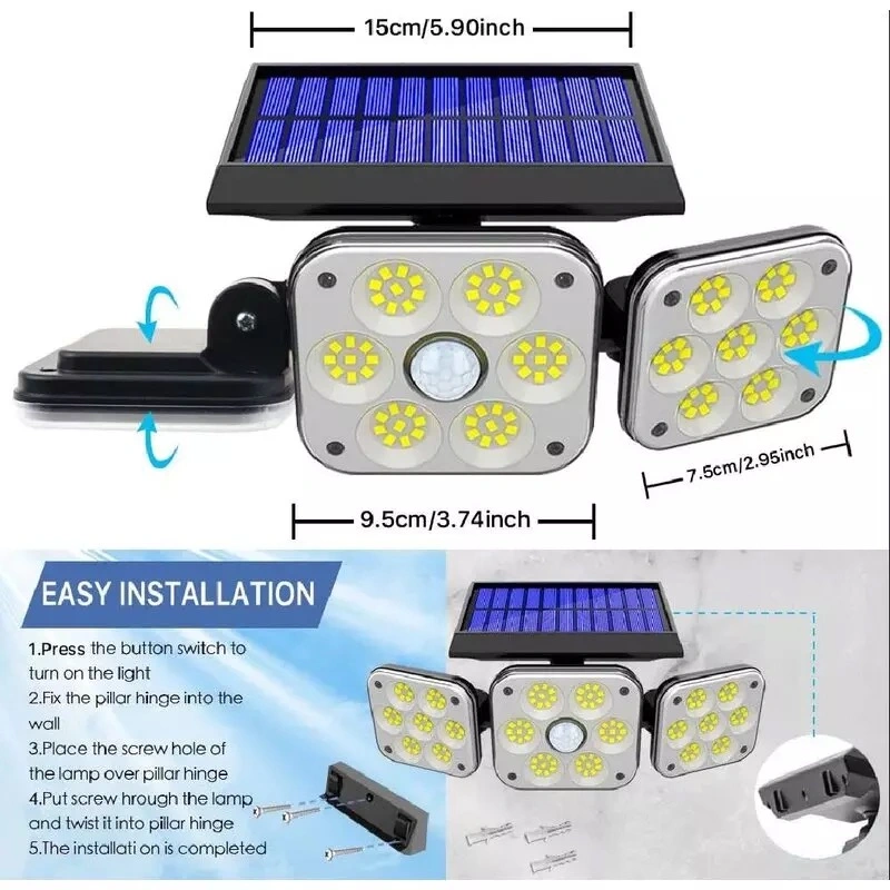 IP65 Waterproof 180 LED Solar Lights Outdoor LED Motion Sensor Light 4 Heads Extra-Wide Adjustable 6500K Solar Powered Security Lights